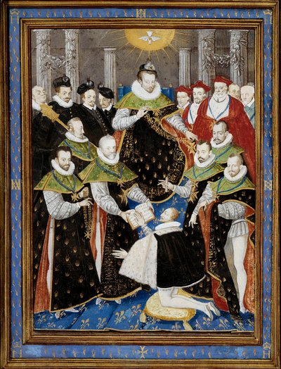 Król Henryk III (1551-1589) przewodniczący pierwszej ceremonii Orderu Ducha Świętego (Order Ducha Świętego) w 1587 Miniatura Williama Richardiere