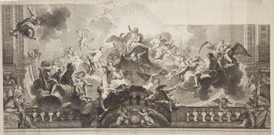 Projekt centralnego panelu sufitu Wielkiej Galerii Palais Royal, rytowany przez Nicolasa Henri Tardieu (1674-1749) autorstwa Antoine (after) Coypel