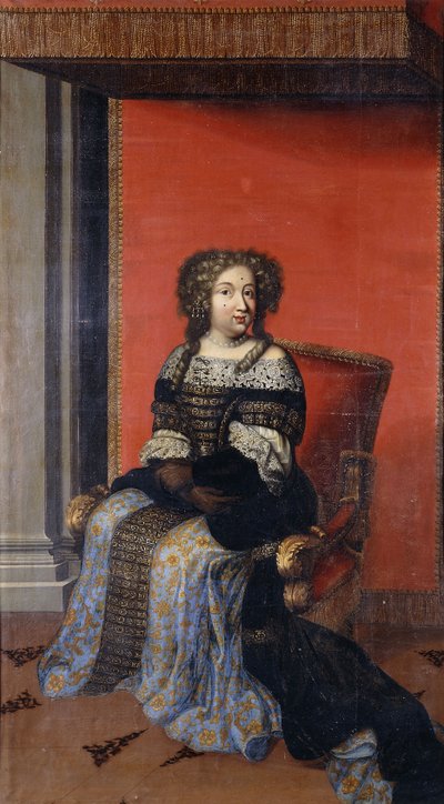 Portret królowej Marii Teresy, siedzącej pełnej długości, w wysadzanym klejnotami czarnym gorsecie z koronkowym kołnierzem i niebiesko-złotą spódnicą, na tronie (olej na płótnie, bez podszewki) autorstwa Antoine (after) Dieu