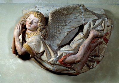 Płaskorzeźba Latającego Anioła z polichromowanego wapienia przypisuje Antoine the Moiturier (1425-1495) i przeznaczona jest dla „Mise au tombeau ofiarowanej przez Jaquotina Ogiera i jego żonę Pernette”. z Chapelles des Carmes w Semur w Auxois. ok. 1490 Sło autorstwa Antoine (attr. to) Le Moiturier