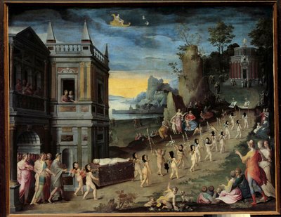 Alegoria: pogrzeb Miłości Kondukt pogrzebowy niosący ciało Erosa zmierza w kierunku świątyni Wenus. Malowanie warsztatu Antoine Caron (1521-1599) autorstwa Antoine (studio of) Caron