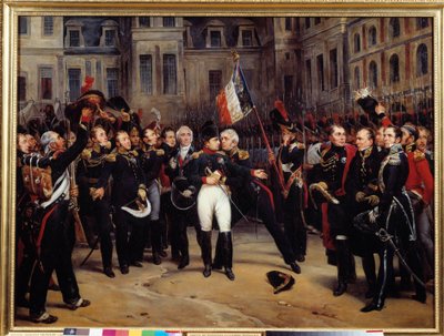 Abdykacja z 1814 r. - „”Pożegnanie Napoleona Bonaparte (1769-1821) ze strażą cesarską na dziedzińcu Cheval Blanc w Fontainebleau w dniu 20.04.1814 r.”” Obraz Antoine Montfort (1802-1884) XIX-wieczne słońce. 0,98x1,3 m² autorstwa Antoine Alphonse Montfort