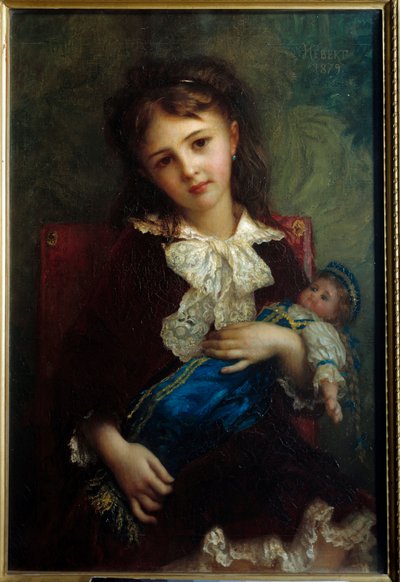 Portret Katarzyny de Bouchage enfant trzymającej lalkę w ramionach, obraz Ernesta Heberta (1817-1908) autorstwa Antoine Auguste Ernest Herbert or Hebert
