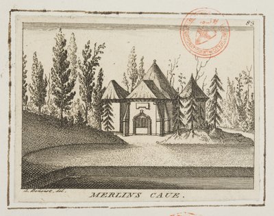 Widok jaskini Merlina, ogrody Kew, ilustracja z „Okolice Londynu Lysons”, ok. 1750 (rycina) autorstwa Antoine Benoist