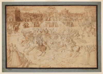 Gra jeździecka z jeźdźcami walczącymi wśród fajerwerków, 1575-c.1580 autorstwa Antoine Caron