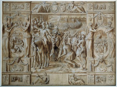 Poddanie Mediolanu Wojska Franciszka I zajęły Mediolan po zwycięstwie w bitwie pod Marignan w 1515 roku. Rysowanie piórem i pranie autorstwa Antoine Carona (1521-1599) XVI-wieczny Paryż, Luwr autorstwa Antoine Caron