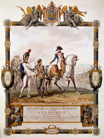 Frontispice relacji bitwy pod Marengo 14 czerwca 1800: Marechal Berthier pokazuje strategię bitewną w Napoleonie I. Ilustracja Antoine Dit Carle Vernet (1758-1836) autorstwa Antoine Charles Horace Vernet