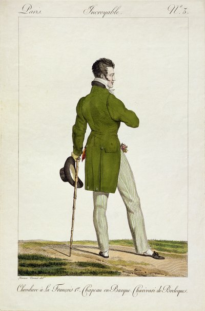 Dandy z fryzurą „Francois I” i kolekcją wdzięków i bibelotów, płyta 3 z serii modnych talerzy „Incroyable et merveilleuses”, grawerowana przez pub Georges Jacques Gatine (1773-1831) autorstwa Antoine Charles Horace Vernet