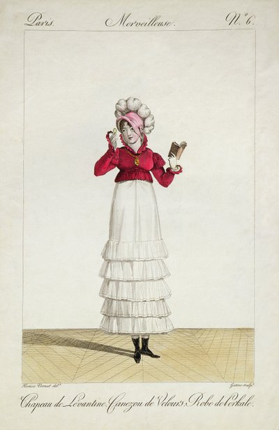 Dama w lewantyńskim kapeluszu, rozkloszowanej spódnicy i aksamitnym żakiecie, tablica 6 z serii "Incroyable et merveilleuse", rytowana przez Georges Jacques Gatine (1773-1831), opublikowana w 1797 roku w autorstwa Antoine Charles Horace Vernet