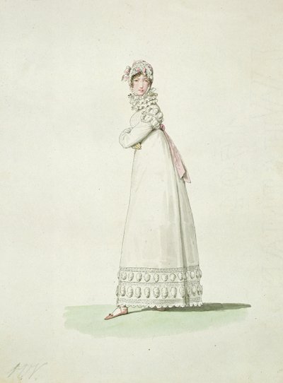 Elegancka kobieta w sukience plenerowej, ilustracja z „Incroyables et Merveilleuses” autorstwa Antoine Charles Horace Vernet