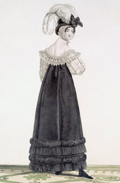 Dama w aksamitnej sukni porannej, tablica 24 z „Incroyable et Marvelous”, ryt. Georges Jacques Gatine (1773-1831), wyd. Paryż, 1797 (rycina akwatinta) autorstwa Antoine Charles Horace Vernet