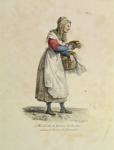 Sprzedawca ciast z Nanterre, numer 10 z serii „The Cries of Paris”, grawerowany przez Francois Serafin Delpech (1778-1825) (kolor litho) autorstwa Antoine Charles Horace Vernet