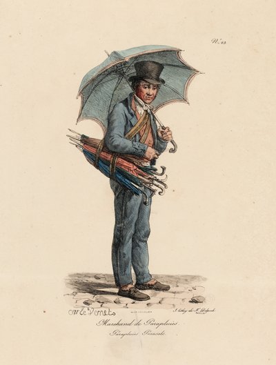 Sprzedawca parasoli i parasoli, numer 23 z serii The Cries of Paris, rytowany przez Francois Serafina Delpecha (1778-1825) autorstwa Antoine Charles Horace Vernet