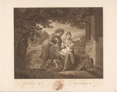 Młoda rodzina z psem Hymen et Bonheur (tytuł na obiekcie) autorstwa Antoine Claude François Villerey