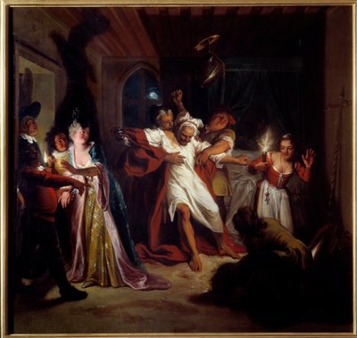 Śpiący Don Kichot walczy ze skórkami. „Genialny dżentelmen Don Kichot z La Manchy” Miguela de Cervantesa Saavedra (1547-1616). Obraz Charlesa Antoine