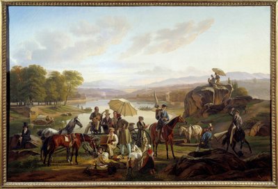Przystanek lyońskich artystów na Barbe Island w Lyonie Malarze i muzycy odpoczywają podczas przejażdżki konnej. Obraz Antoine Duclaux (1783-1868) 1824 Nd. 0,86x1,31 m Lyon, Muzeum Sztuk Pięknych autorstwa Antoine Duclaux