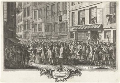 Z Rue Quinquempoix, 1720 Rue Quinquempoix w roku 1720 (tytuł na obiekcie) Het Groote Tafereel der Dwaasheid (tytuł serii) autorstwa Antoine Humblot