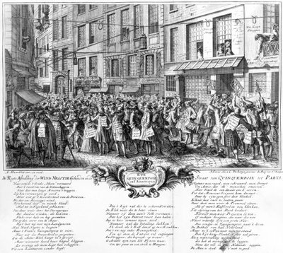 Inwestorzy przed siedzibą Banque Royale na Rue Quincampoix, Paryż, 1720 r. autorstwa Antoine Humblot