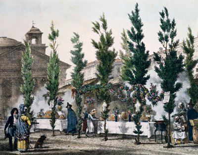 Frytownice w Panteonie podczas święta św. Józefa, grawerowane przez Antoine Jean-Baptiste Thomas (1791-1834) z Un an a Rome et dans ses environs (Rok w Rzymie i okolicach), Francja autorstwa Antoine Jean Baptiste Thomas