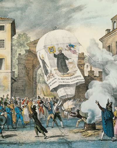 Balon na ogrzane powietrze na Dzień San Giuseppe w Rzymie, Antoine-Jean-Baptiste Thomas (1791-1833), druk. Szczegół. Włochy autorstwa Antoine Jean Baptiste Thomas
