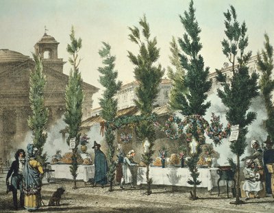 Włochy, Rzym, Panteon, sprzedawcy ulicznego jedzenia Antoine Jean-Baptiste Thomas, print autorstwa Antoine Jean Baptiste Thomas