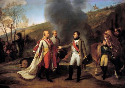 Wywiad z Napoleonem I (1769-1821) i Franciszkiem II (1768-1835) w Sarutschitz na Morawach po bitwie pod Austerlitz, 4.12.1805 Pozostawiony za Franciszkiem II Janem I z Liechtensteinu (1760-1836). Obraz Antoine Jean Gros (1771-1835). 19 wiek. Ciemny. autorstwa Antoine Jean Gros