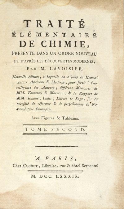 Strona tytułowa Traite Elementaire de Chimie, Tome II, wydanej w Paryżu, 1789 (druk) autorstwa Antoine Laurent de Lavoisier