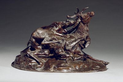 Jeleń powalony przez dwa charty (brąz) autorstwa Antoine Louis Barye