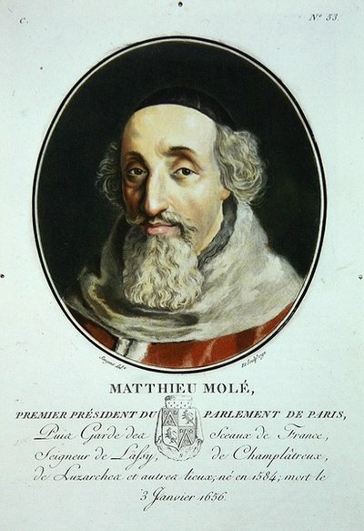 Matthieu Mole, z „Portrety wielkich mężczyzn, wybitnych kobiet i pamiętnych poddanych Francji, grawerowane i drukowane w kolorze”, opublikowane przez Pierre Blin autorstwa Antoine Louis Francois (after) Sergent Marceau