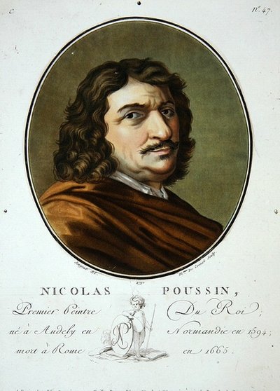Nicolas Poussin, z „Portrety wielkich mężczyzn, wybitnych kobiet i pamiętnych poddanych Francji, grawerowane i drukowane w kolorze”, opublikowane przez Pierre Blin autorstwa Antoine Louis Francois (after) Sergent Marceau