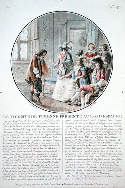 Wicehrabia Turenne (1611-75) jest przedstawiony królowi Hiszpanii Filipowi IV (1605-65), rytowane przez L. Rogera autorstwa Antoine Louis Francois (after) Sergent Marceau