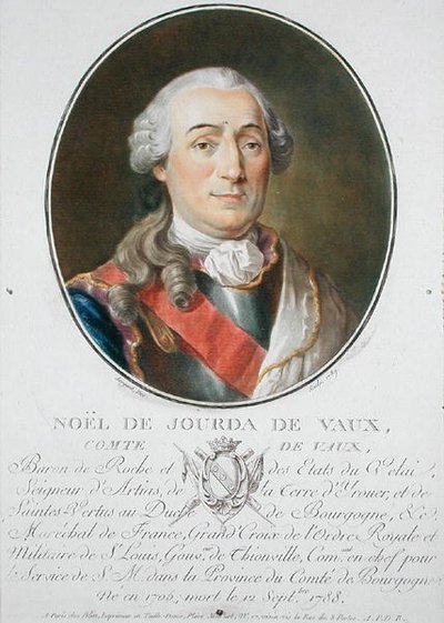 Noel de Jourda de Vaux (1705-88) 1789, z „Portrety wielkich mężczyzn, znamienitych kobiet i pamiętnych poddanych Francji”, opublikowany 1787-92 (kolor lito) autorstwa Antoine Louis Francois Sergent-Marceau
