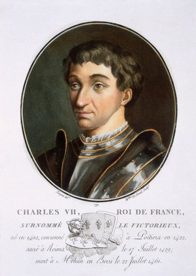 Karol VII, z Portretów wielkich mężczyzn, znamienitych kobiet i pamiętnych poddanych Francji, rytowany i drukowany w kolorze, wyd. Pierre Blin, 1786-92, Paryż (kolorowa rycina) autorstwa Antoine Louis Francois Sergent-Marceau