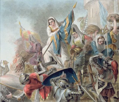 Jeanne Laisne wznosi sztandar przeciwko ludziom z Bourgogne, rycina autorstwa Morreta (1790-1820) 1787 autorstwa Antoine Louis Francois Sergent-Marceau