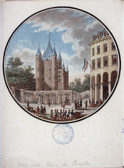 Paryż, widok na Wieżę Świątynną – w „”Malownicze widoki głównych budynków Paryża”” Sierżanta autorstwa Antoine Louis Francois Sergent-Marceau