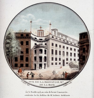 Widok na dom Monsieur de La Haye na rogu Rue Caumartin w Paryżu, zbudowany według rysunków architekta Auberta. W pittoresque widoki głównych budynków Paryża autorstwa sierżanta autorstwa Antoine Louis Francois Sergent-Marceau