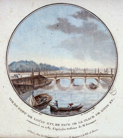 Widok mostu Ludwika XVI naprzeciw miejsca Ludwika XV rozpoczęto w 1787 r. według rysunków pana Peronneta. W pritoresque widokach głównych budynków Paryża autorstwa sierżanta autorstwa Antoine Louis Francois Sergent-Marceau