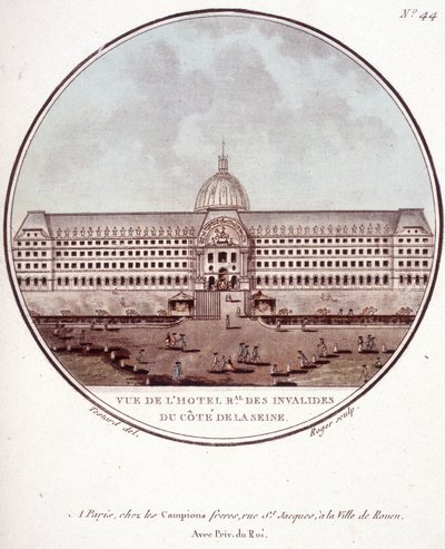 Widok na hotel regionalny des Invalides od strony Sekwany, Paryż. W pittoresque widoki głównych budynków Paryża autorstwa sierżanta autorstwa Antoine Louis Francois Sergent Marceau