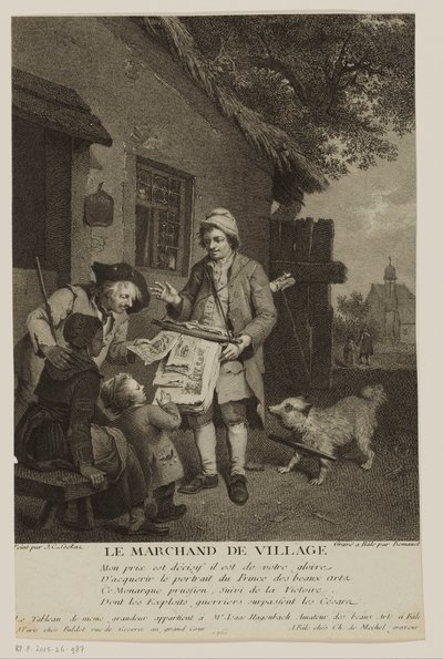 Wędrowny sprzedawca druków w wiosce Le Marchand de Village (tytuł na obiekcie) autorstwa Antoine Louis Romanet