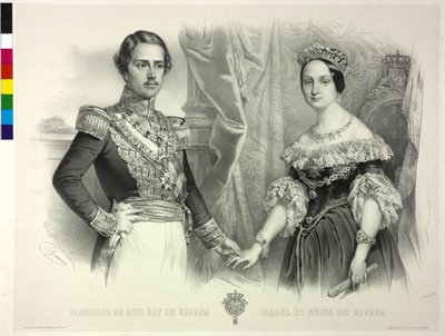 Królowa Hiszpanii i jej mąż Franciszek Izabela II (litografia) autorstwa Antoine Maurin