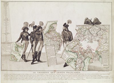 Triumf armii francuskich, Napoleon i jego generałowie trzymający mapy swoich zwycięstw w czasie pokoju w Loeben, 18 kwietnia 1797, c.1797 autorstwa Antoine Maxime Monsaldy