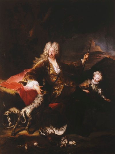 Portret margrabiego Paolo Corbelli, pełnometrażowy, siedzący na brzegu na skraju lasu, 1709 autorstwa Antoine Pesne