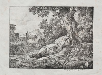 Zbiór esejów litograficznych: Dymiący smok leży u podnóża drzewa, 1822. autorstwa Antoine Pierre Mongin