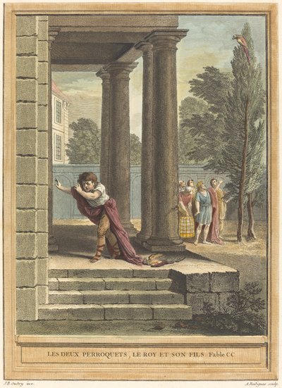 Dwie papugi, król i jego syn autorstwa Antoine Radigues after Jean Baptiste Oudry