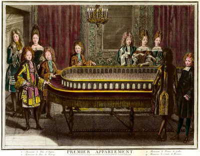 Filip francuski, książę Anjou, ówczesny król Hiszpanii (1683-1746), Karol, książę Berry (1686-1714) i książę Walii grający portyk w pierwszym mieszkaniu Ludwika XIV w Wersalu - Grawer Antoine Trouvain (1656) -1708) Kolekcja prywatna - Cha autorstwa Antoine Trouvain