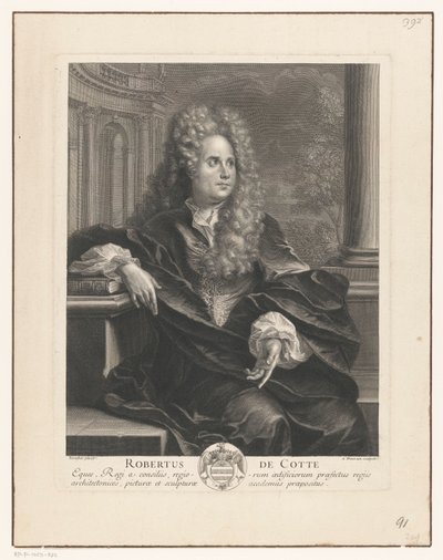 Portret Roberta de Cotte wspartego na książce w architekturze klasycznej Robert De Cotte (tytuł na obiekcie) autorstwa Antoine Trouvain