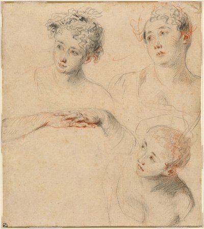 Trzy studia głowy kobiety i studium rąk [recto] autorstwa Antoine Watteau