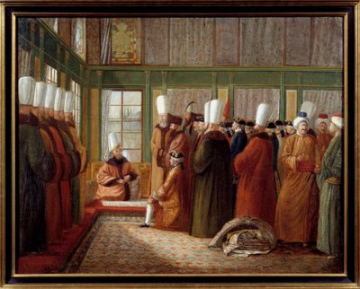 Imperium Osmańskie: „” Przyjęcie przez wielkiego wezyra ambasadora Francji w służbie króla Ludwika XVI w Turcji”” Obraz Antoine de Favray (1706-1791) XVIII-wieczna Marsylia, Musee de la Marine - Imperium Osmańskie: Recepcja ambasador Francji autorstwa Antoine de Favray