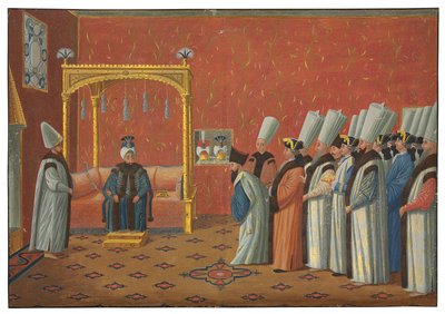 Przedstawienie hrabiego de Vergennes, ambasadora Ludwika XV, sułtanowi „Uthmanowi III w sali tronowej pałacu Topkapi 3 czerwca 1755 r. autorstwa Antoine de Favray