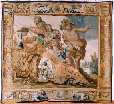 Flamandzki gobelin. Seria Historia Tezeusza. Bachus bierze Ariadnę za żonę (Baco toma a Ariadna por esposa). Dziewiąty gobelin w serii. Model Antonisa Sallaerta. Manufaktura Jan Raes Młodszy, Bruksela. ok. 1630 r.; Tkanina Jedwab i wełna. Rozmiar 392 x 45 autorstwa Antoine or Anthonis Sallaert